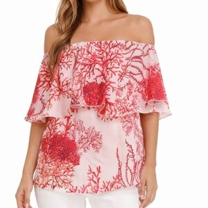 NEW Lidia Kalita Ruffle Top Size S White Coral Pattern 100% Silk Spanish Style